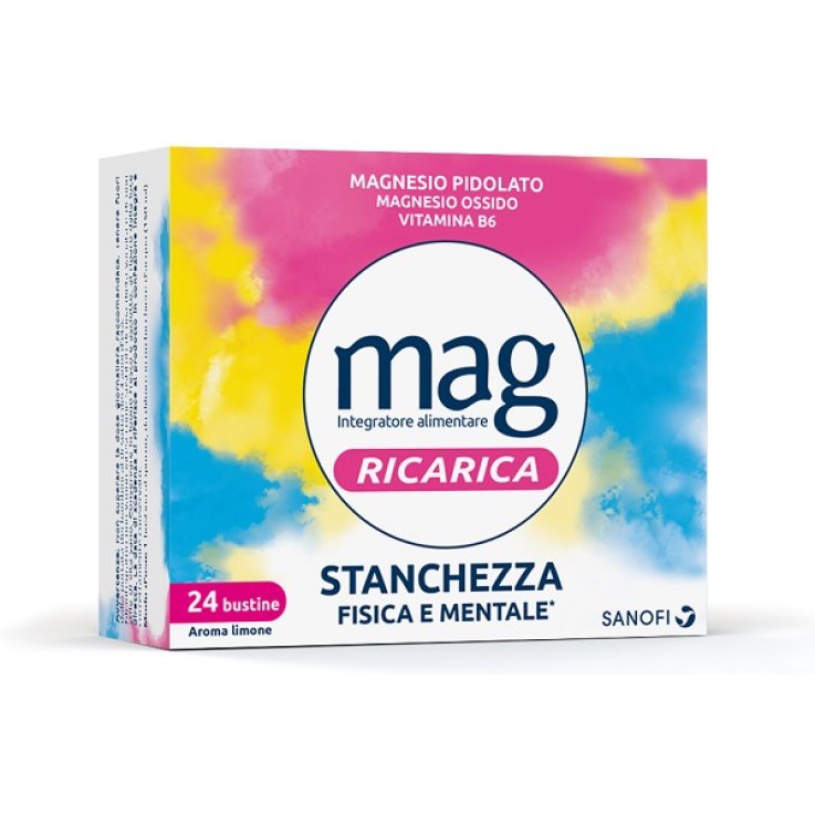 Mag Ricarica Integratore Alimentare Magnesio Pidolato, Magnesio Ossido e Vitamina B6, Stanchezza Mentale e Fisica 24 Bustine